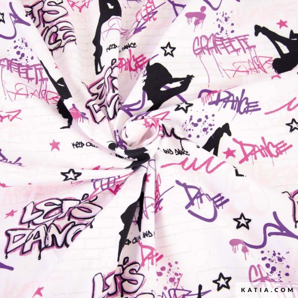 Baumwolljersey mit Let´s Dance Motiven in Rosa/Lila/Schwarz auf Weiß